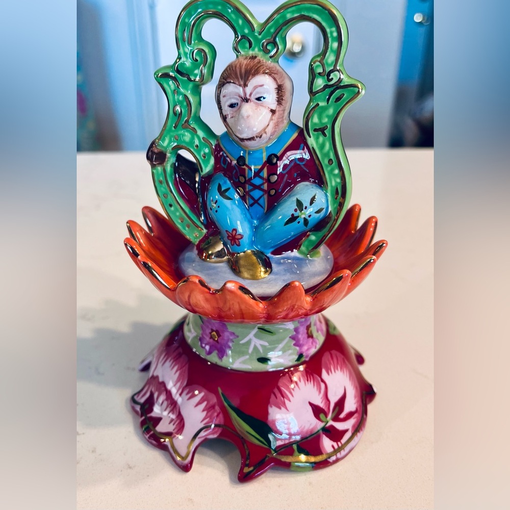 Rare Tracy Porter Porcelain Lucky Hand Painted Monkey Trinket Box 6” tall